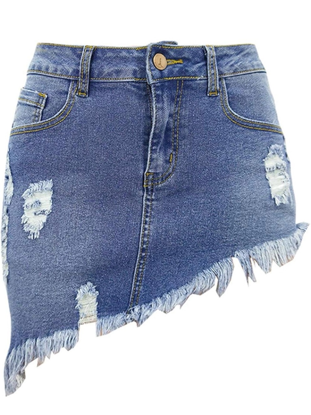 Asymmetrical Distressed Denim Mini Skirt - Blue